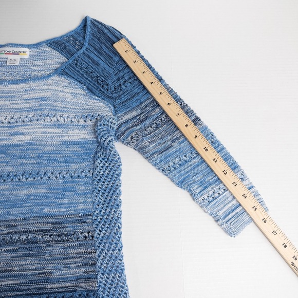 Cotton Country 3/4 Sleeve Crochet Knit Sweater Womens Medium Blue Coastal Boho - Picture 5 of 15